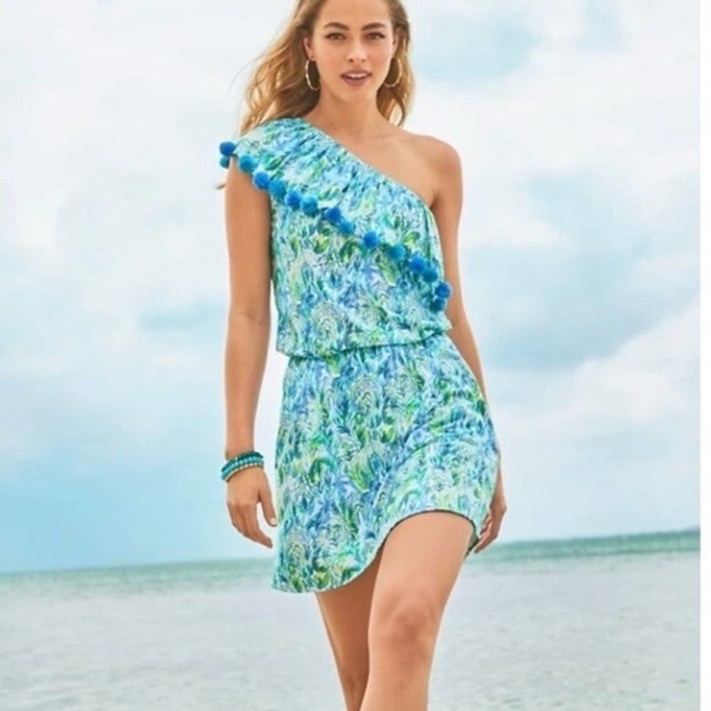 Lilly Pulitzer Idara One-Shoulder Tropical Romper Blue & Green with Pom Poms